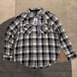 Frye - Jacquard Heather Gray and Black Plaid Checkered Flannel Shirt - 2XL